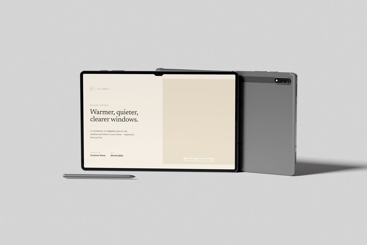 Beige Residential Glazing Proposal Template in PowerPoint, shown on a tablet