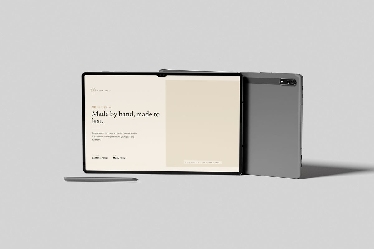 Beige Residential Joinery Proposal Template in PowerPoint, shown on a tablet