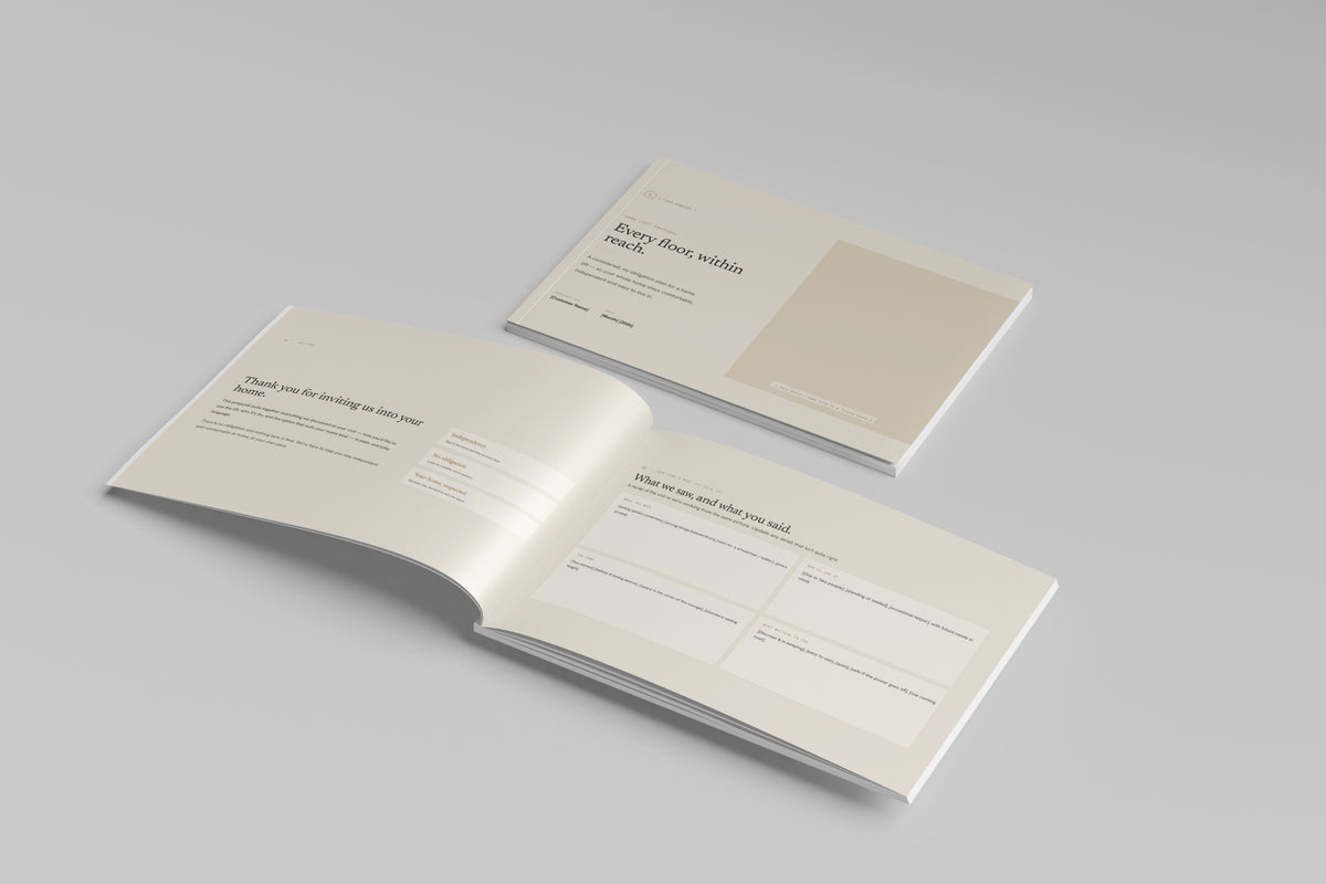 Beige Residential Lift Installation Proposal Template in PowerPoint, printed cover shown at an angle
