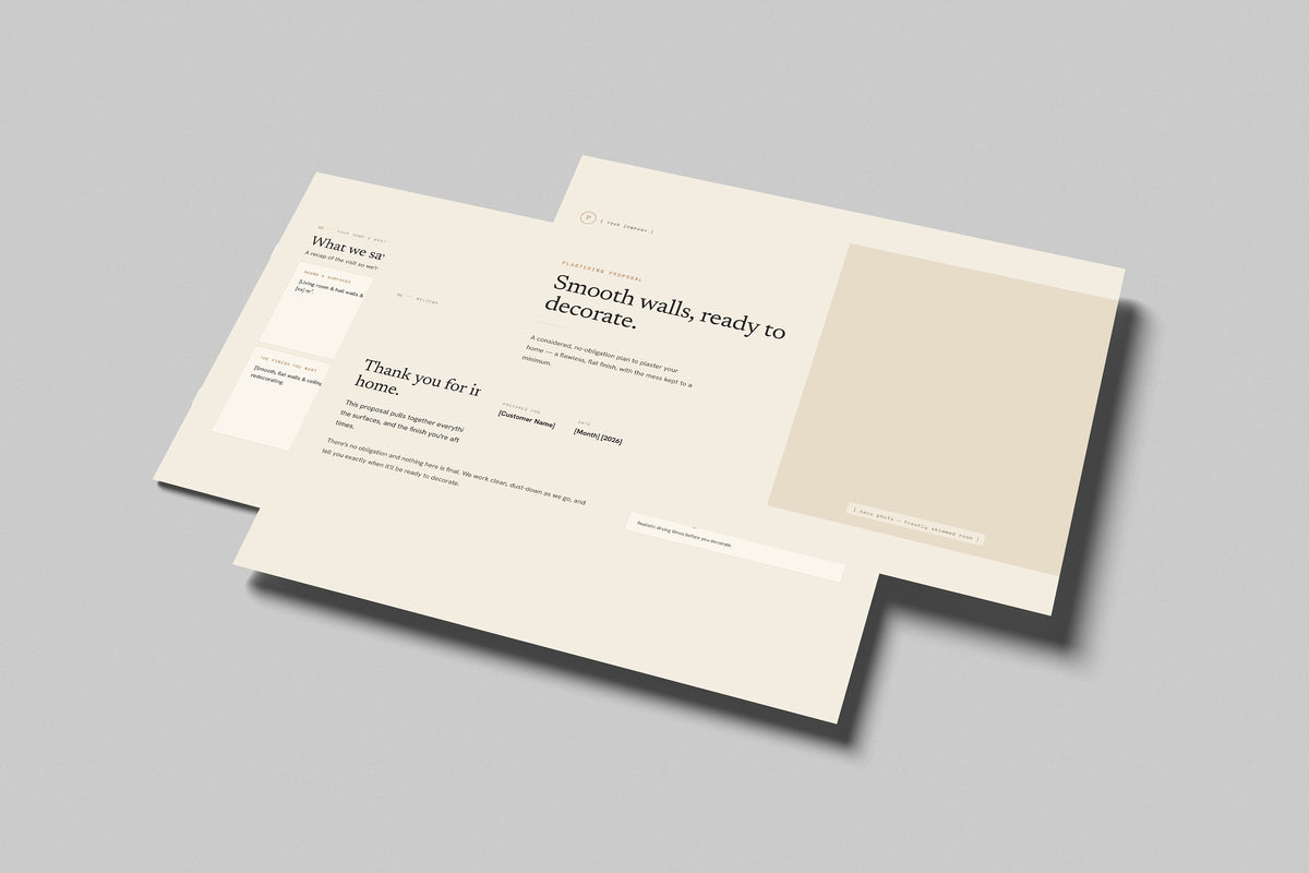 Beige Residential Plastering Proposal Template in PowerPoint, shown as printed brochures