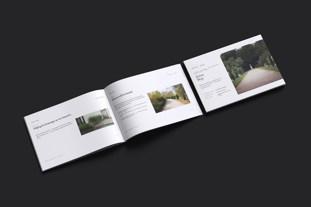 Resin Bound Surfacing Client Package, Ivory colourway, cover and inside spread mockup