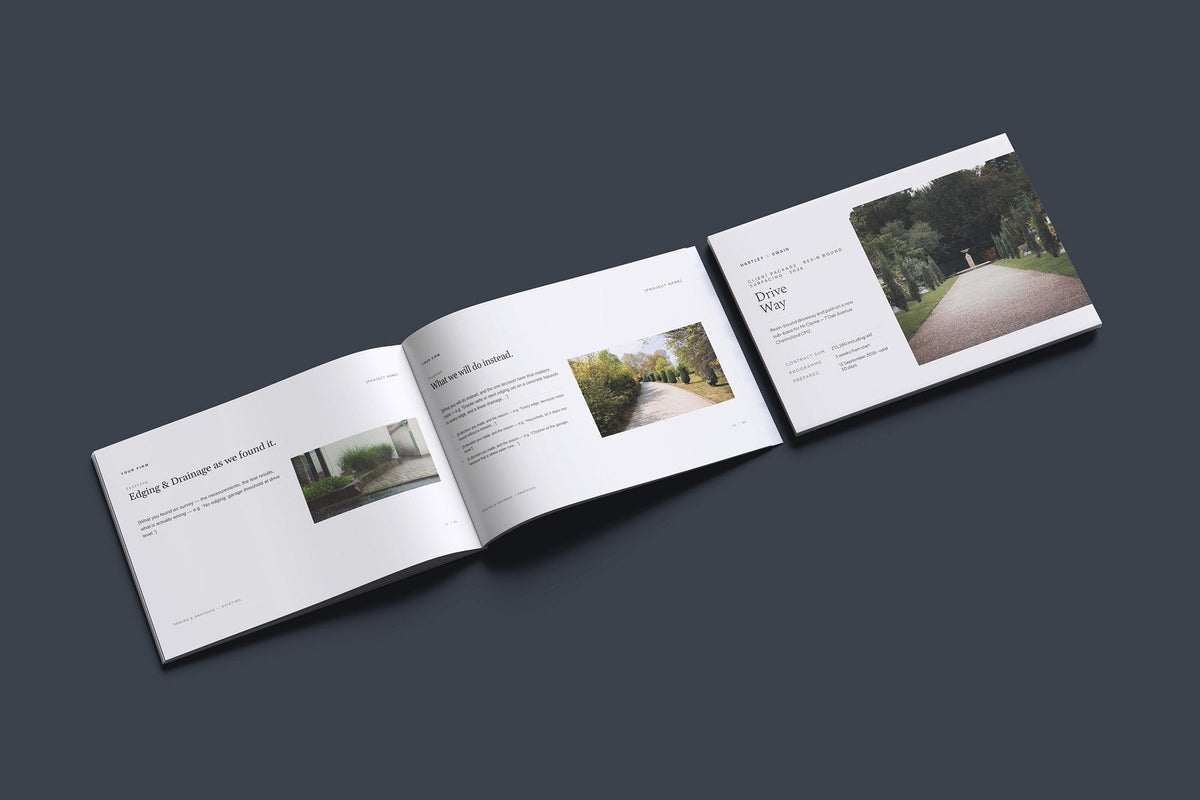 Resin Bound Surfacing Client Package, Oat colourway, cover and inside spread mockup