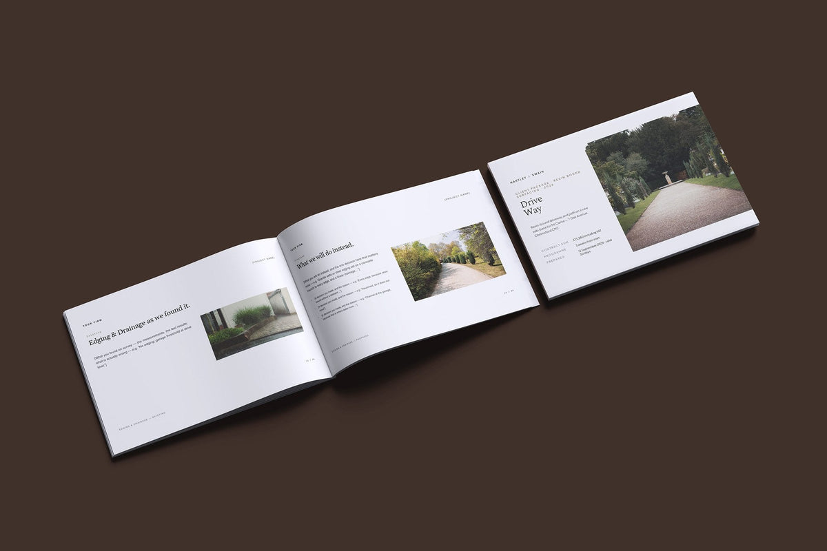 Resin Bound Surfacing Client Package, Slate colourway, cover and inside spread mockup