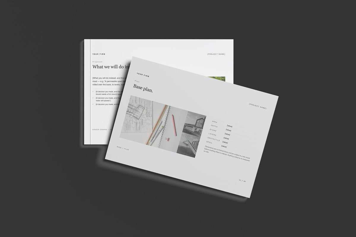 Resin Bound Surfacing Client Package, Slate colourway, front and back cover mockup