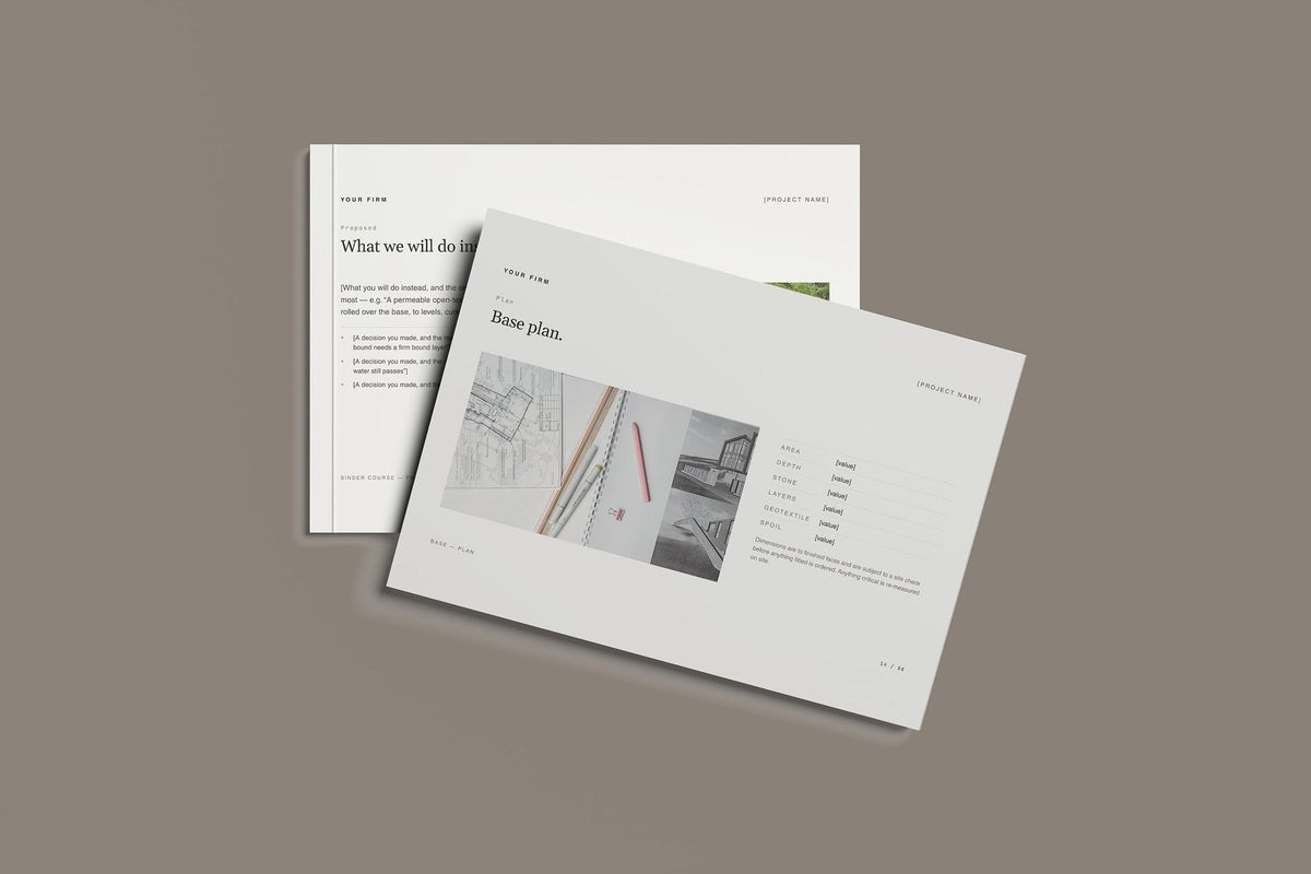 Resin Bound Surfacing Client Package, Standard colourway, front and back cover mockup