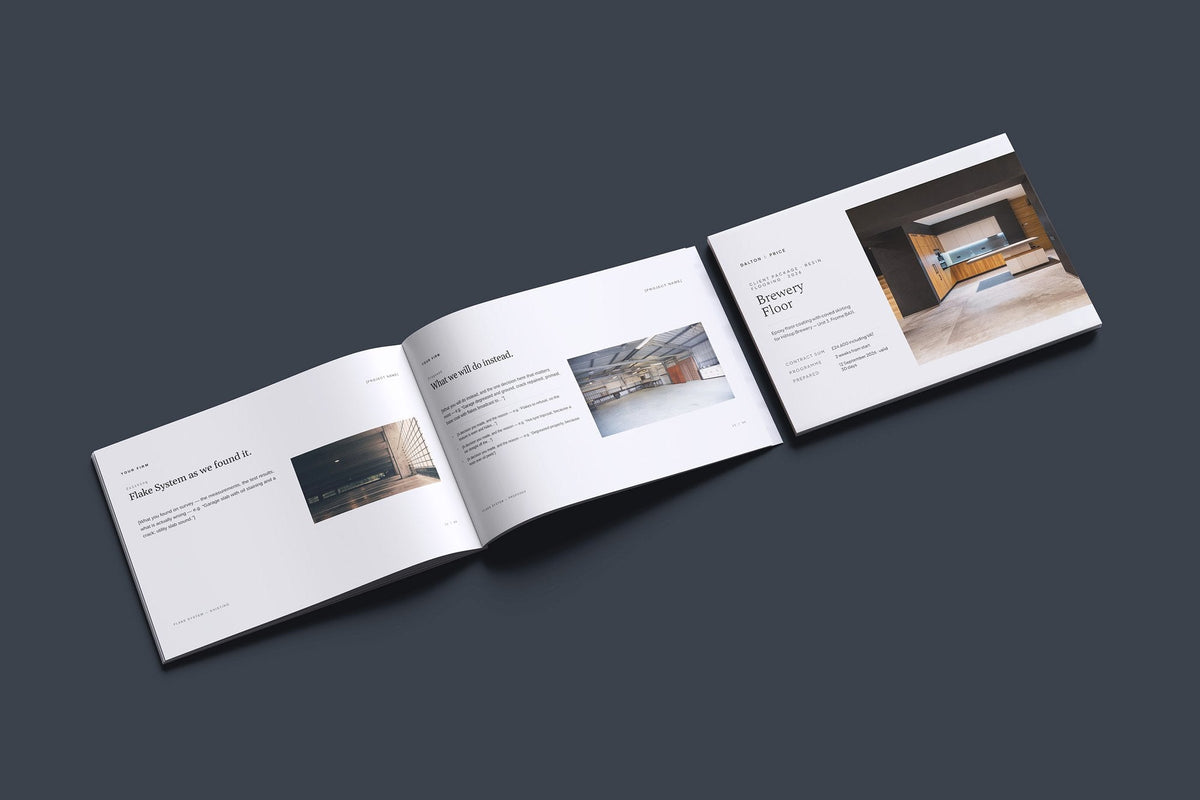 Resin Flooring Client Package, Ivory colourway, cover and inside spread mockup