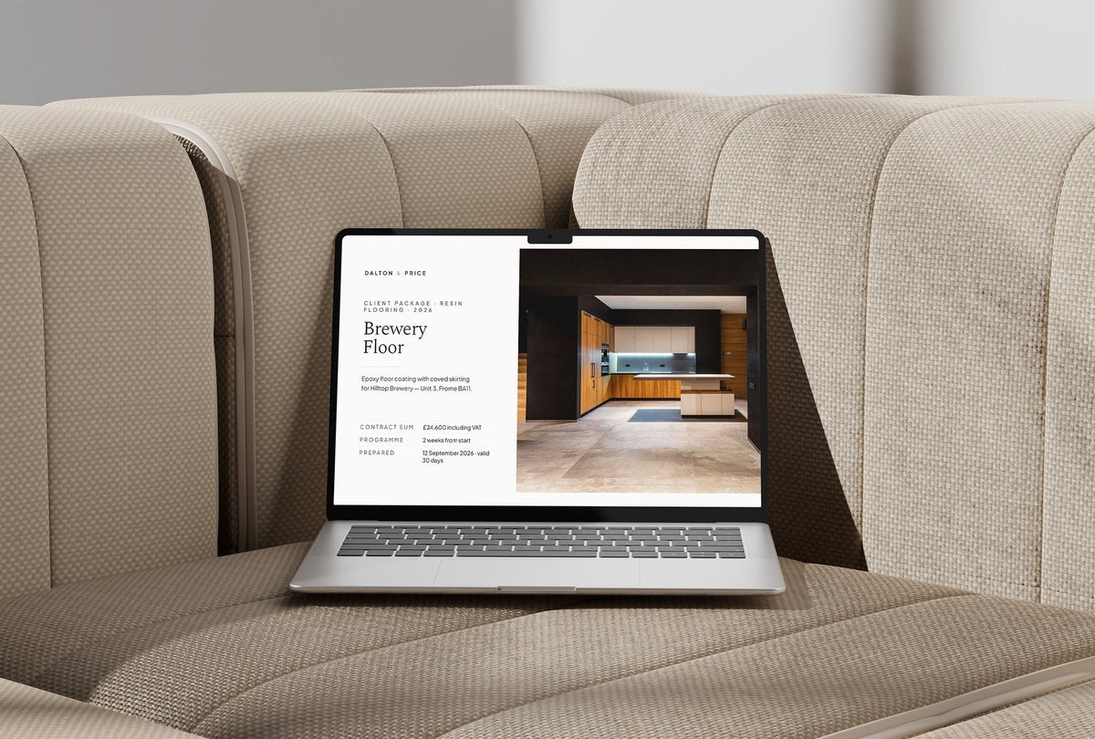 Resin Flooring Client Package, Ivory colourway, laptop screen mockup