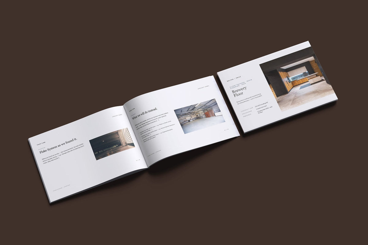 Resin Flooring Client Package, Standard colourway, cover and inside spread mockup