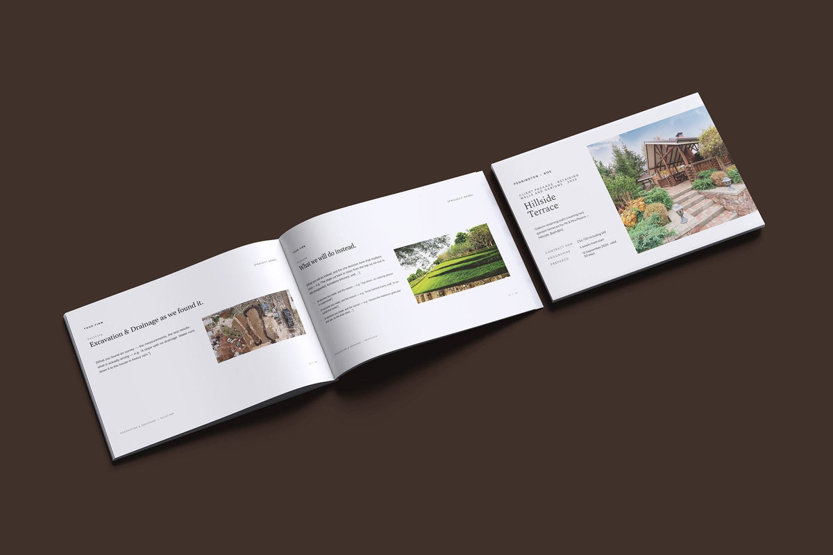 Retaining Walls and Gabions Client Package, Ivory colourway, cover and inside spread mockup