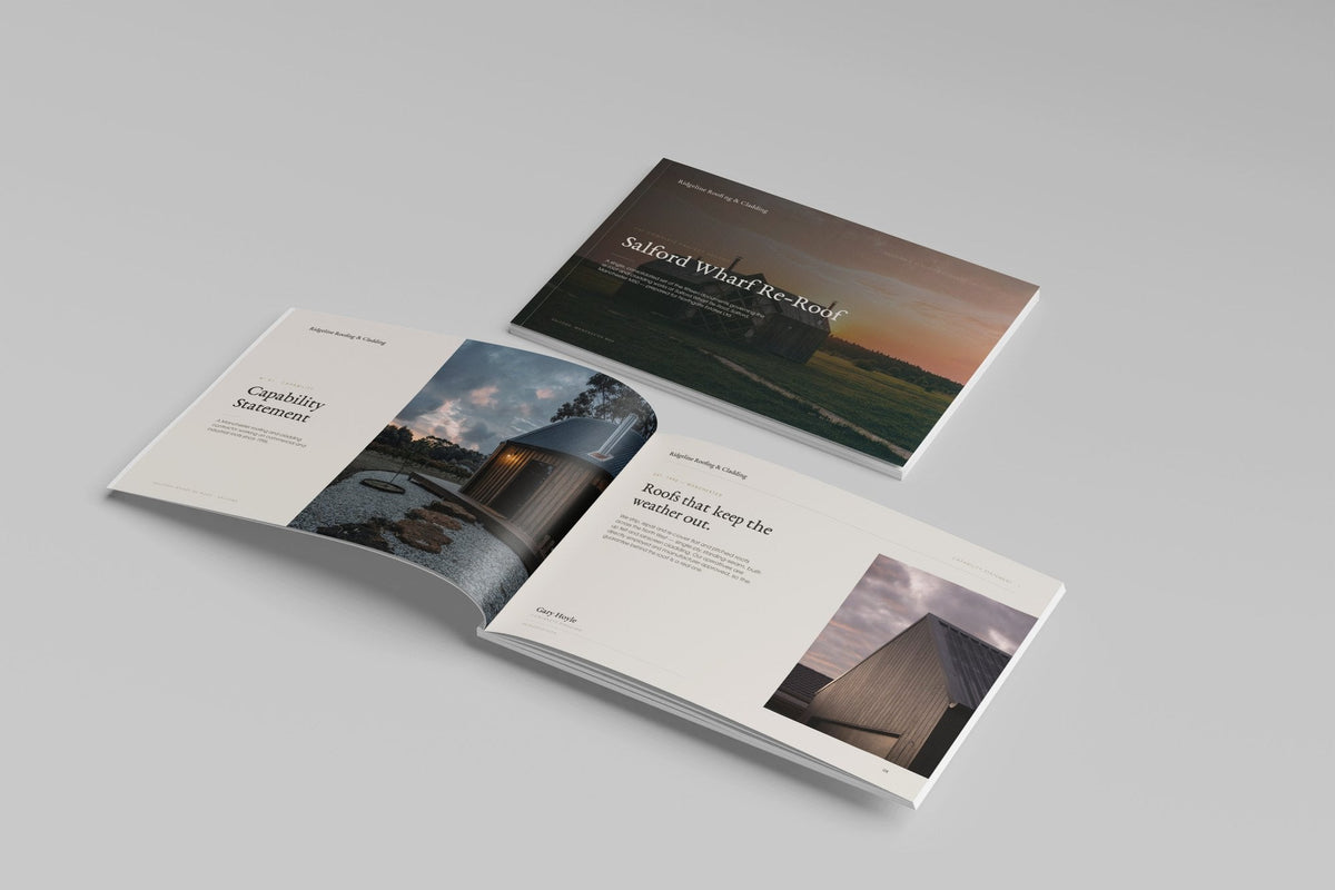 Roofing & Cladding Contractor Project Pack in PowerPoint, printed cover shown at an angle