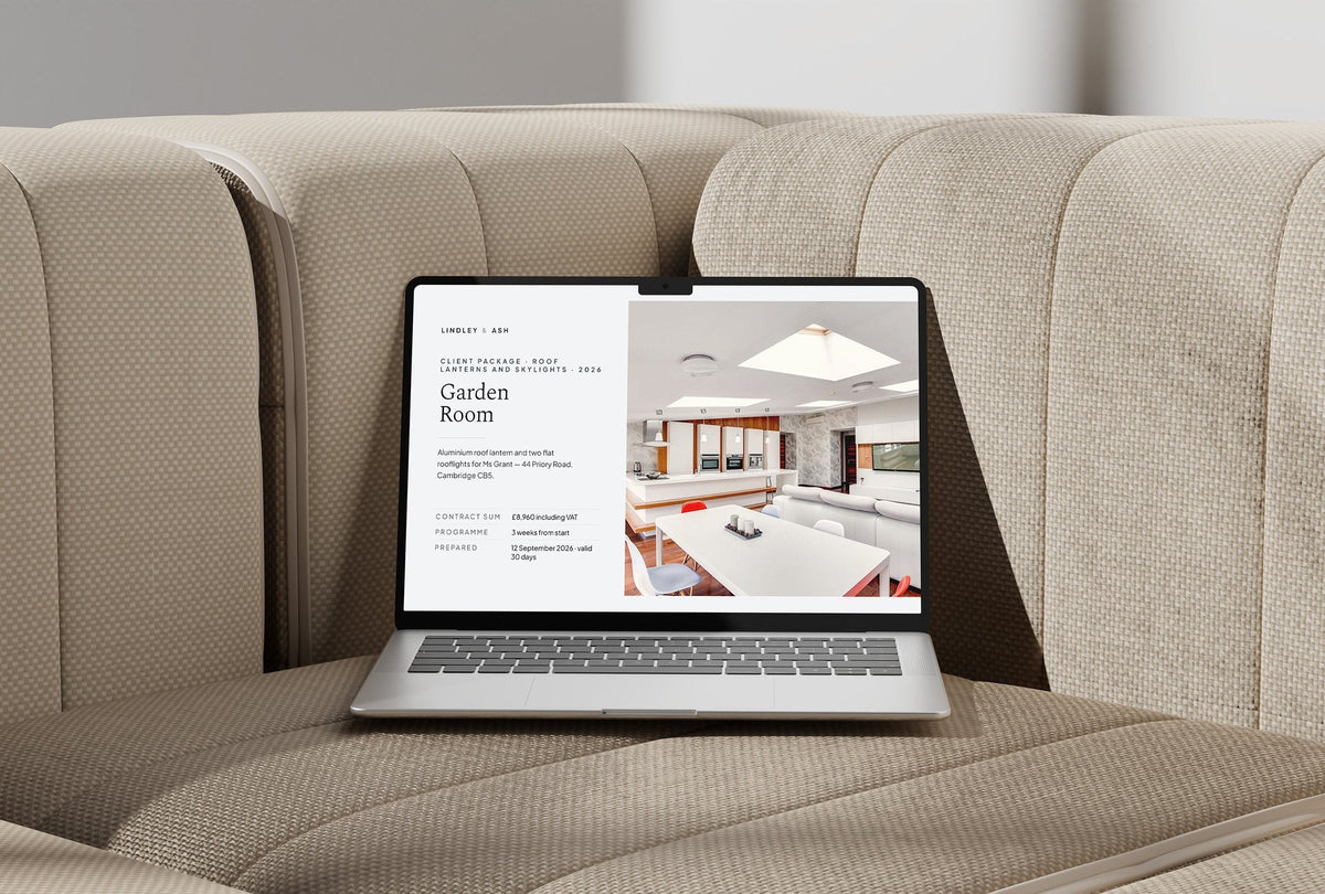 Roof Lanterns and Skylights Client Package, Slate colourway, laptop screen mockup
