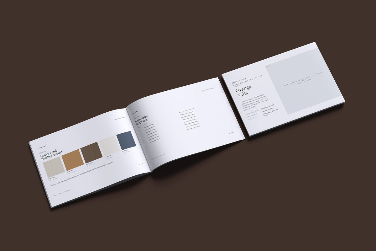 Roofer Client Package, Slate colourway, cover and inside spread mockup