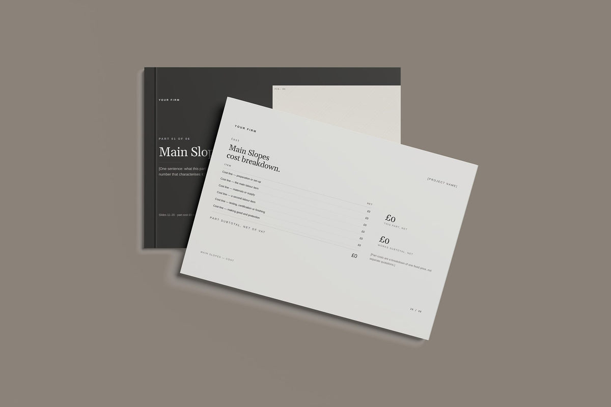 Roofer Client Package, Standard colourway, front and back cover mockup