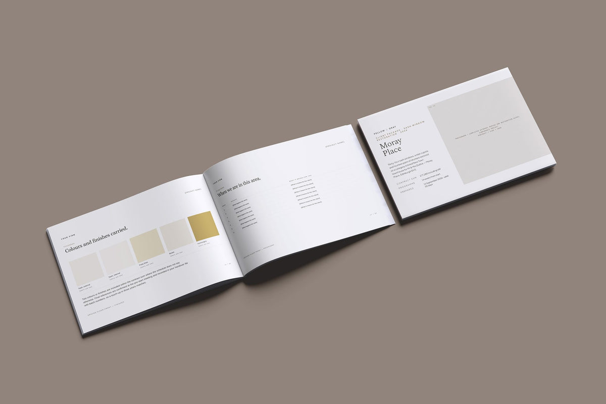 Sash Window Client Package, Oat colourway, cover and inside spread mockup