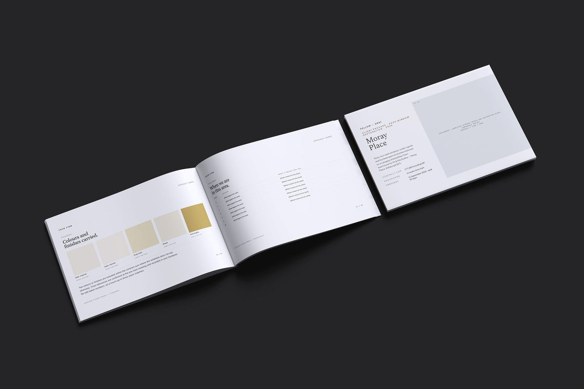 Sash Window Client Package, Slate colourway, cover and inside spread mockup