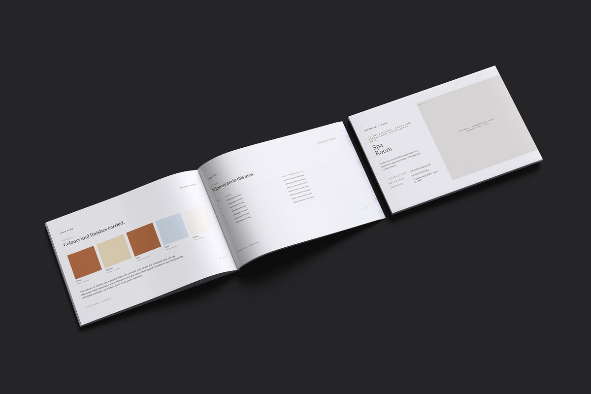 Sauna and Steam Room Client Package, Oat colourway, cover and inside spread mockup