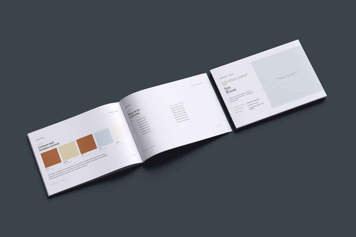 Sauna and Steam Room Client Package, Slate colourway, cover and inside spread mockup