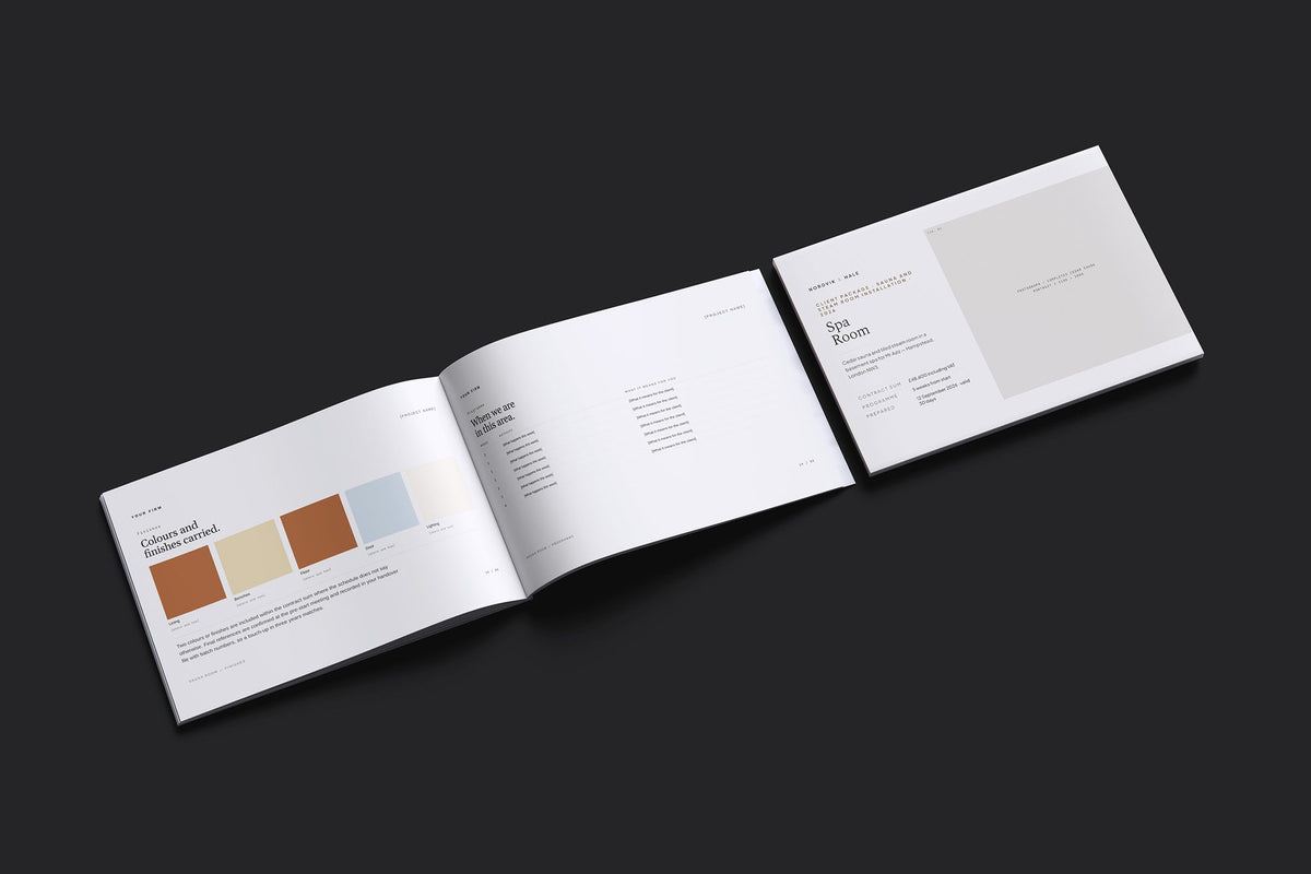Sauna and Steam Room Client Package, Standard colourway, cover and inside spread mockup