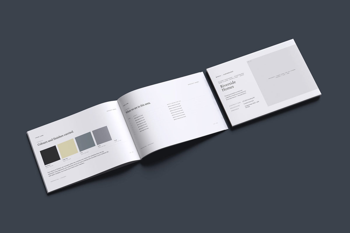Screeding Client Package, Ivory colourway, cover and inside spread mockup