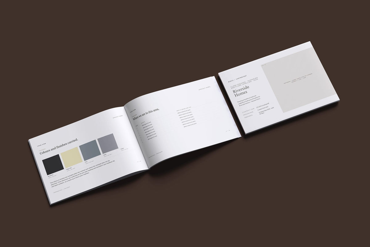 Screeding Client Package, Oat colourway, cover and inside spread mockup