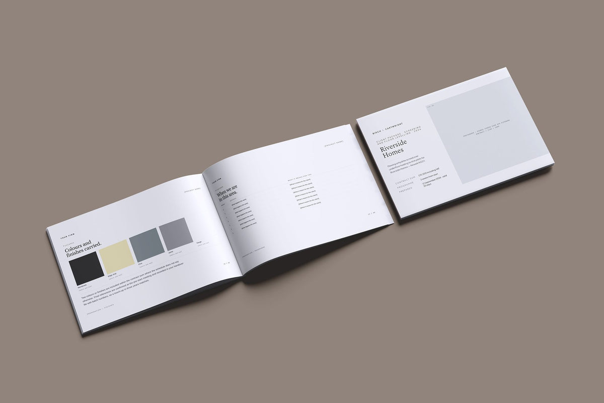 Screeding Client Package, Slate colourway, cover and inside spread mockup