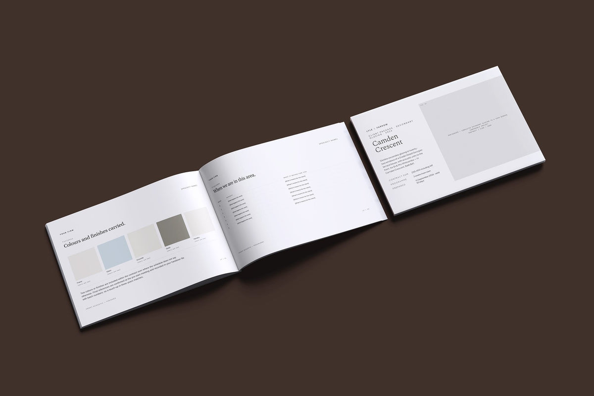 Secondary Glazing Client Package, Ivory colourway, cover and inside spread mockup