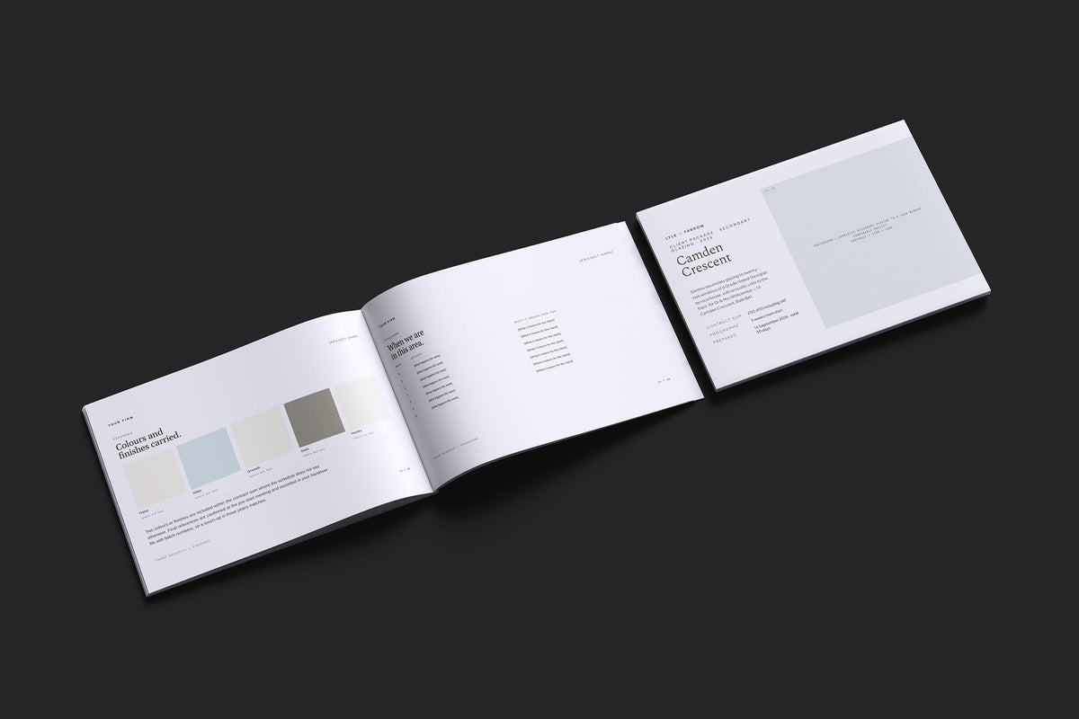Secondary Glazing Client Package, Slate colourway, cover and inside spread mockup