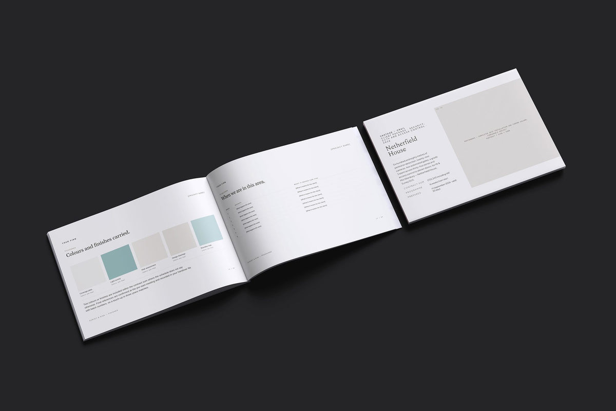 Security Client Package, Oat colourway, cover and inside spread mockup