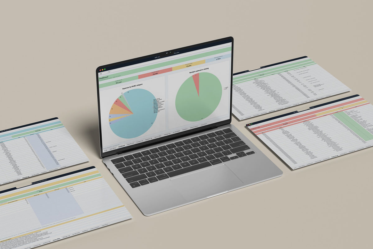 Self Employed Tax Log UK Excel template, Dashboard tab on a laptop screen