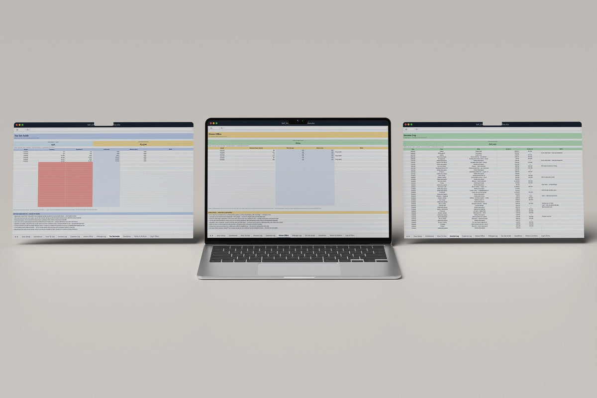 Self Employed Tax Log UK Excel template, Home Office tab on a laptop screen