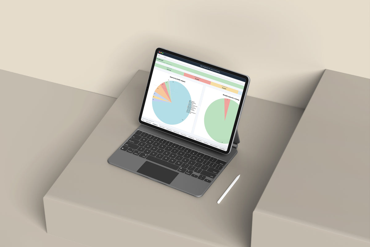 Self-Employed Tax Log UK Excel template on an iPad with keyboard