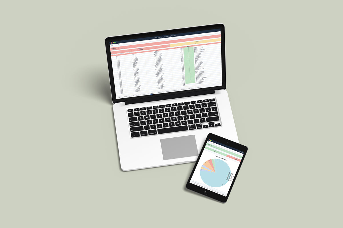 Self-Employed Tax Log UK Excel template on a MacBook and iPad, second view