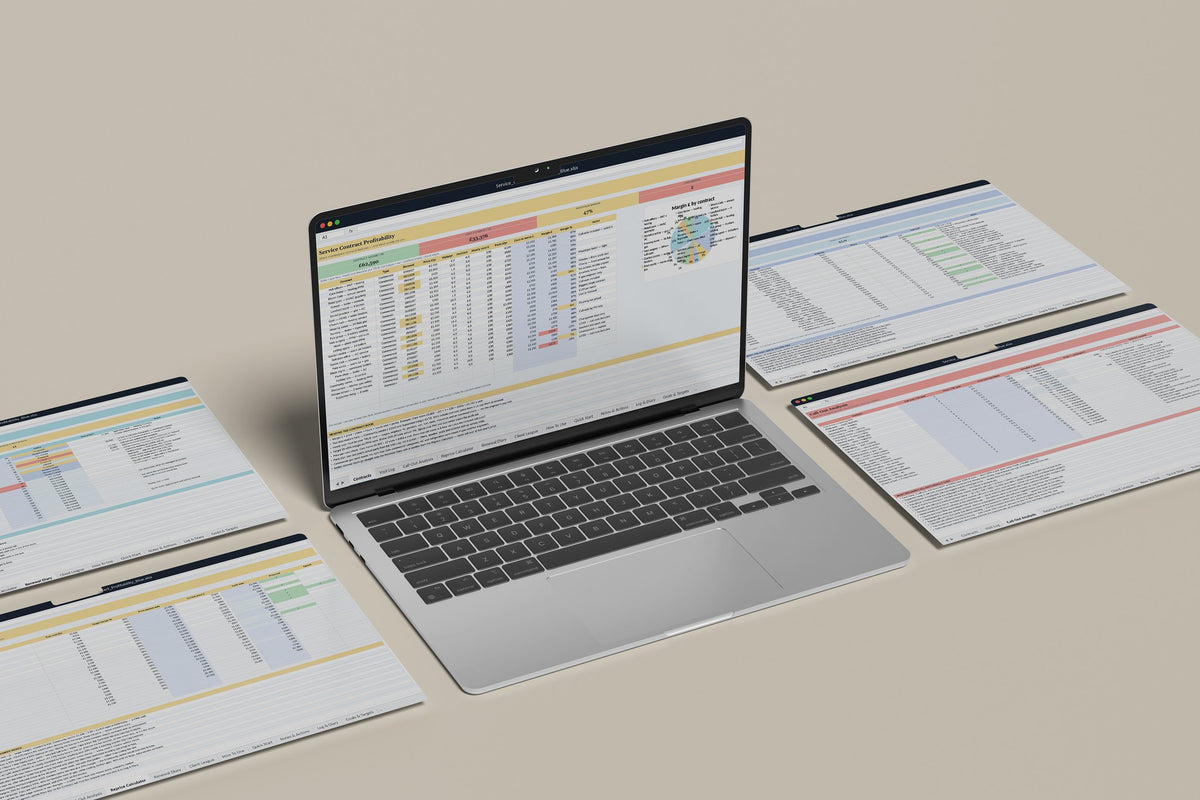 Service Contract Profitability Excel template, Contracts tab on a laptop screen