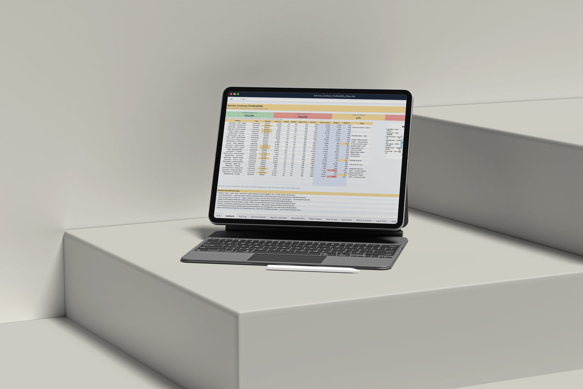 Service Contract Profitability Excel template on an iPad with keyboard