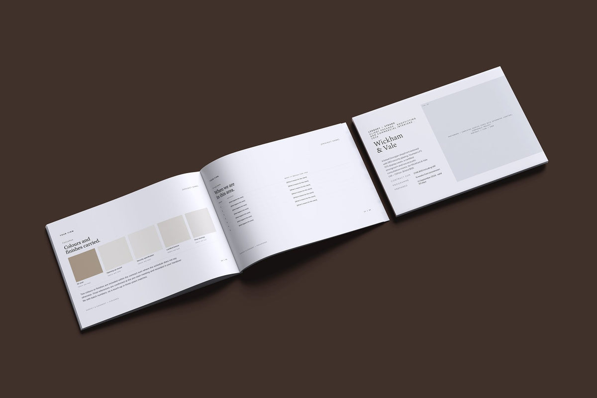 Shopfitting Client Package, Slate colourway, cover and inside spread mockup