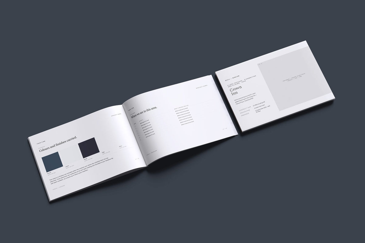 Signwriting and Gilding Client Package, Ivory colourway, cover and inside spread mockup