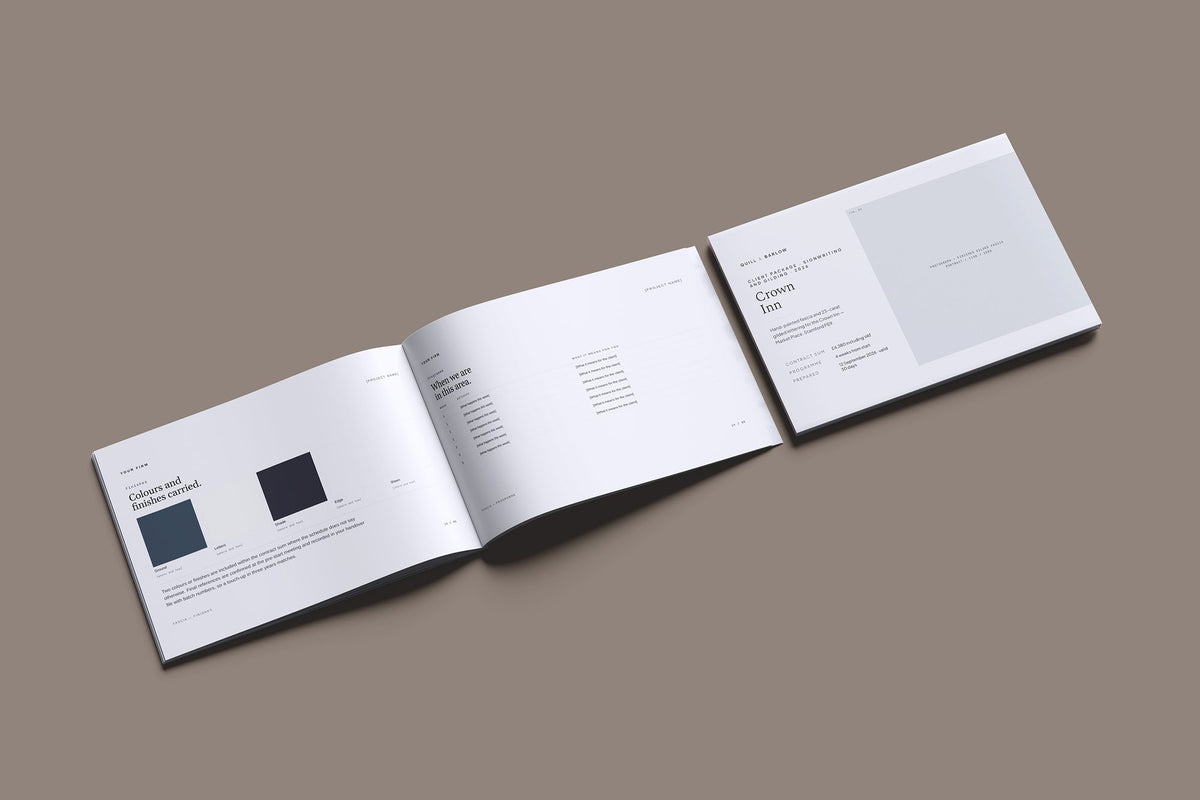 Signwriting and Gilding Client Package, Slate colourway, cover and inside spread mockup