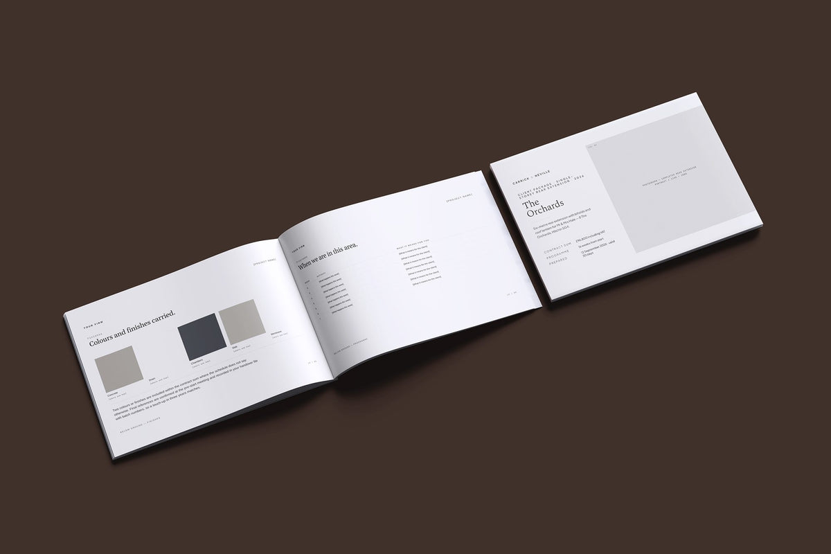 Single Storey Extension Client Package, Ivory colourway, cover and inside spread mockup