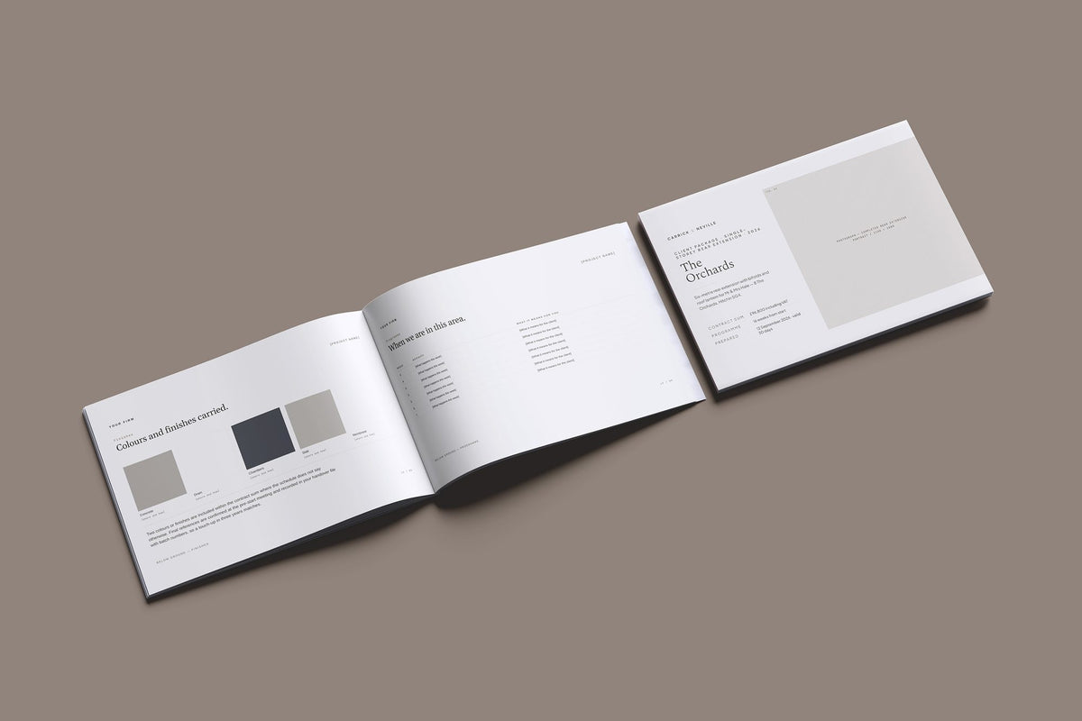 Single Storey Extension Client Package, Oat colourway, cover and inside spread mockup