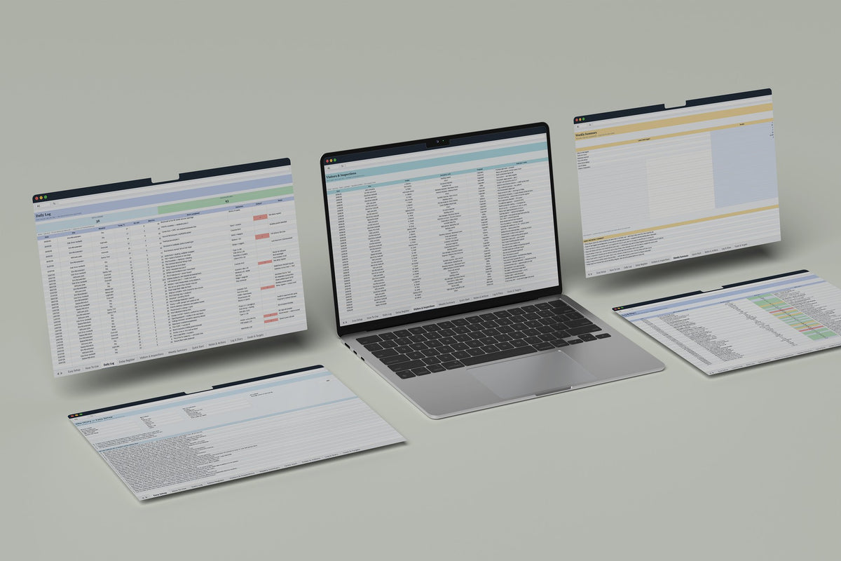 Site Diary Excel template, Visitors and Inspections tab on a laptop screen