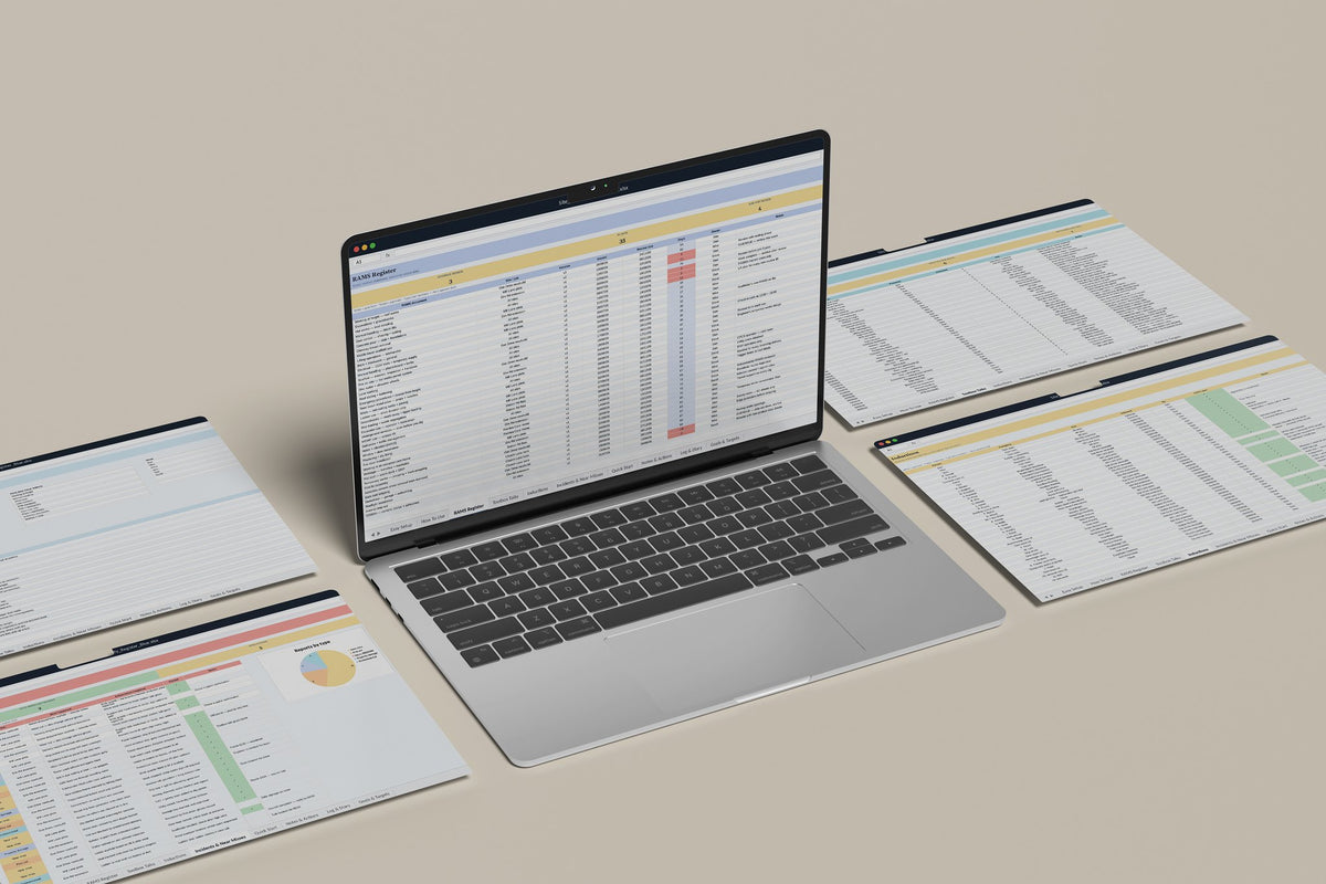 Site Safety Register Excel template, RAMS Register tab on a laptop screen