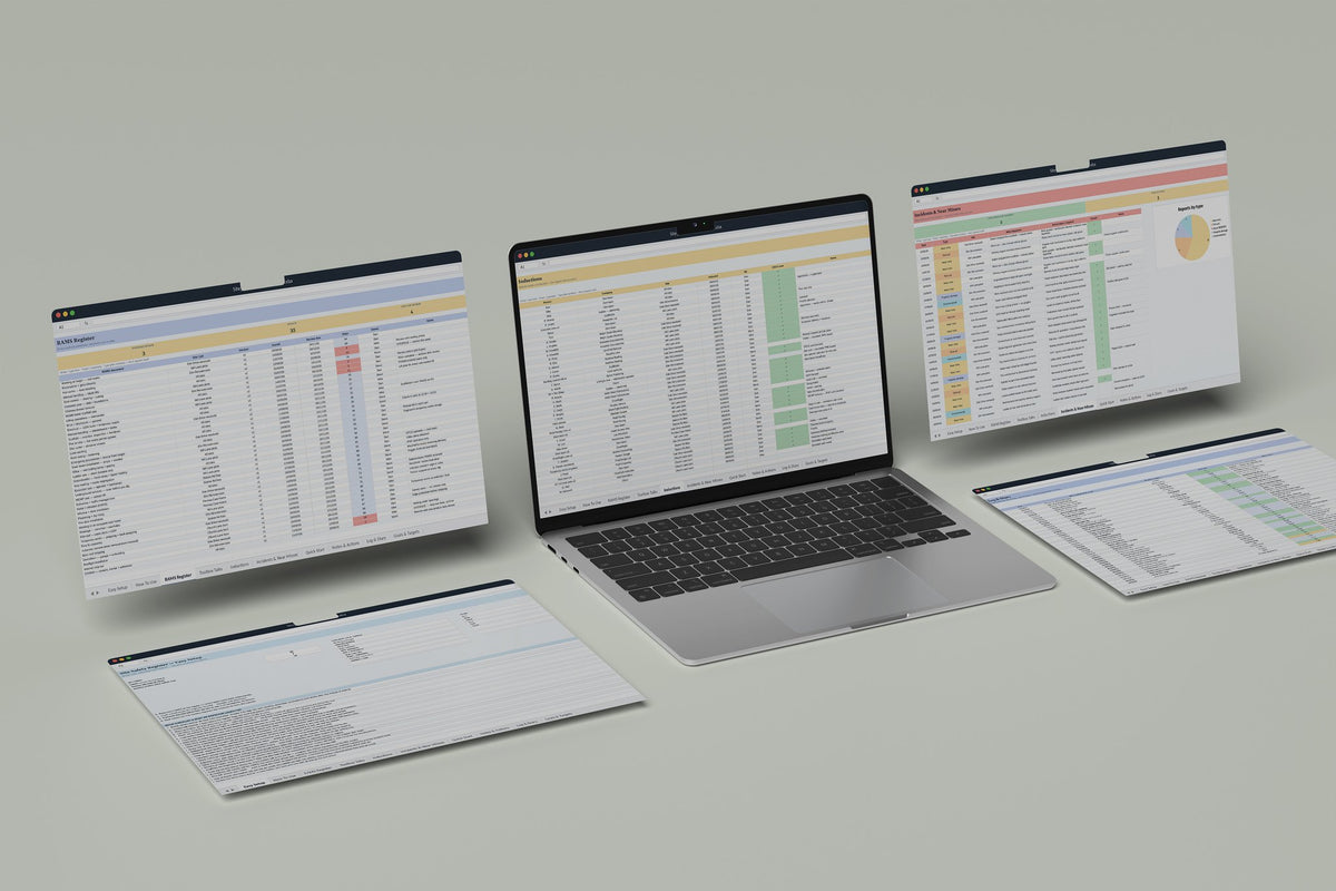 Site Safety Register Excel template, Inductions tab on a laptop screen