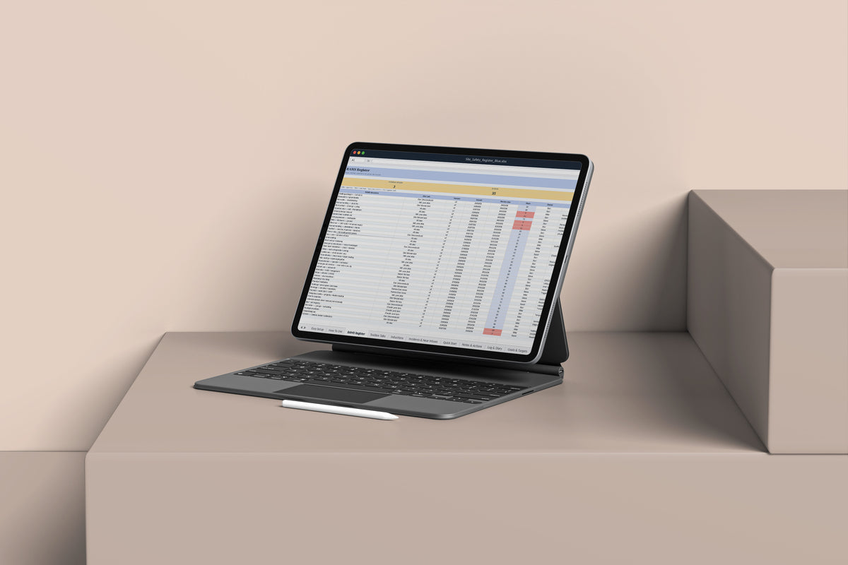 Site Safety Register Excel template on an iPad with keyboard