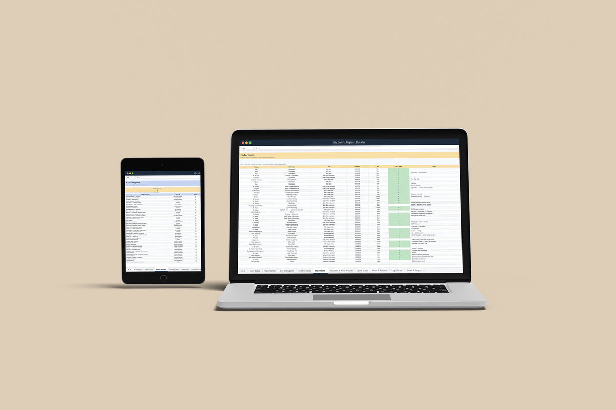 Site Safety Register Excel template on a MacBook and iPad, second view