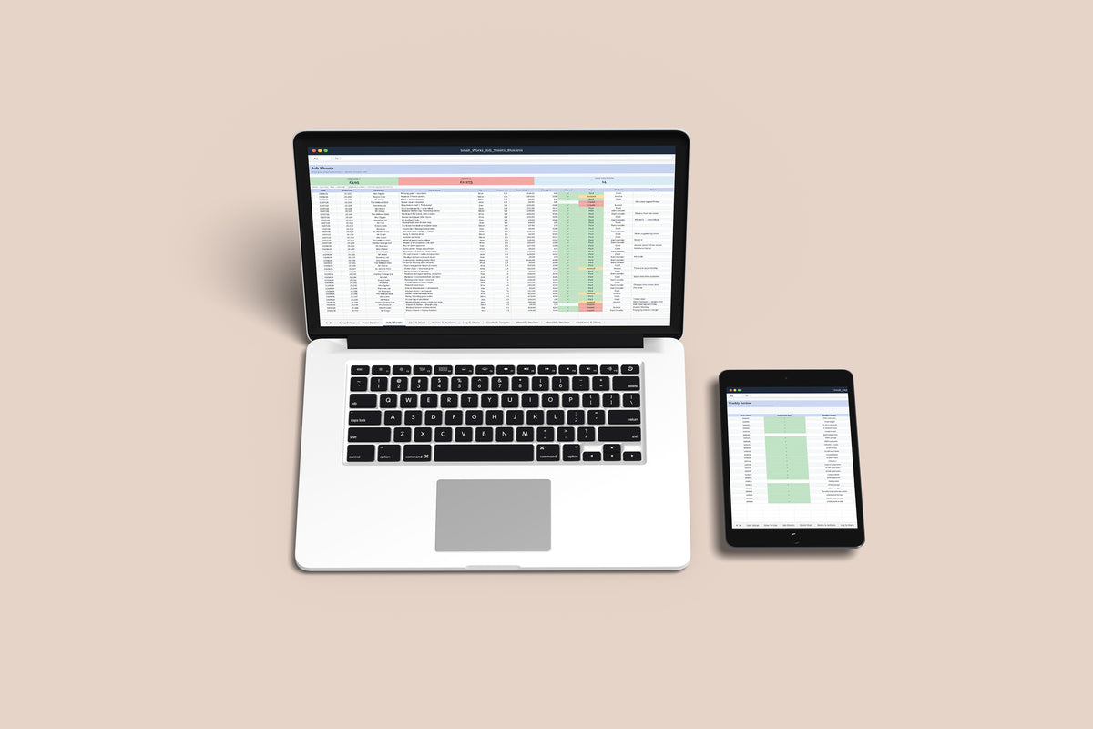 Small Works Job Sheets Excel template on a MacBook and iPad