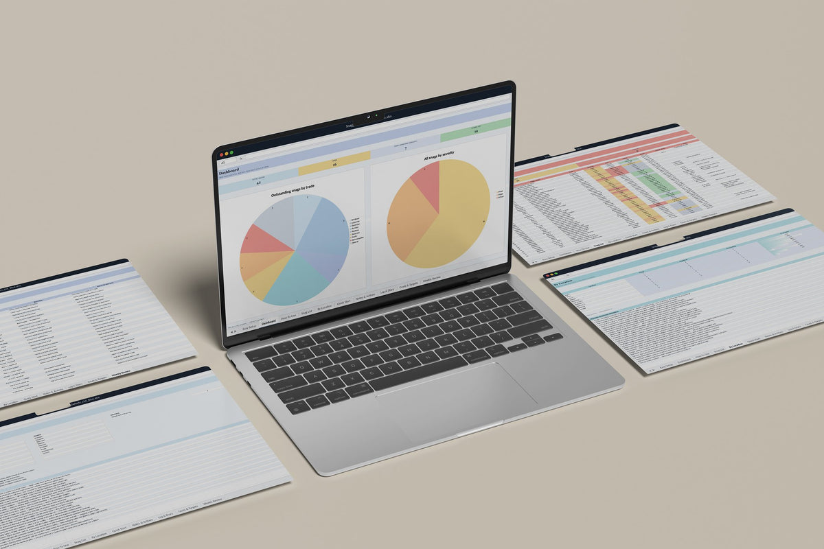Snagging and Defects List Excel template, Dashboard tab on a laptop screen