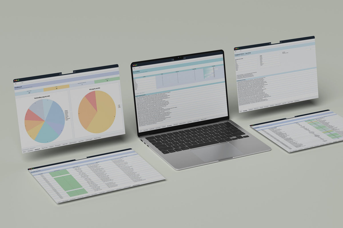 Snagging and Defects List Excel template, By Location tab on a laptop screen