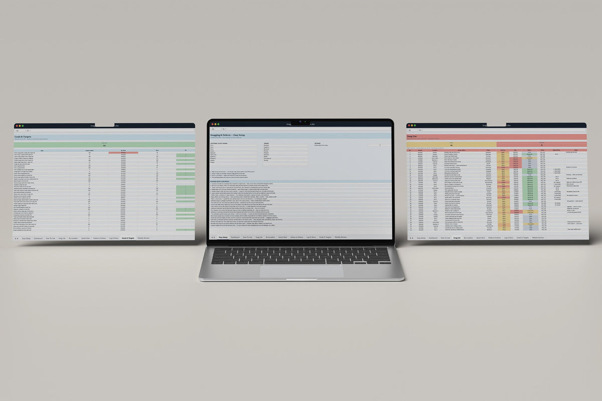 Snagging and Defects List Excel template, Easy Setup tab on a laptop screen