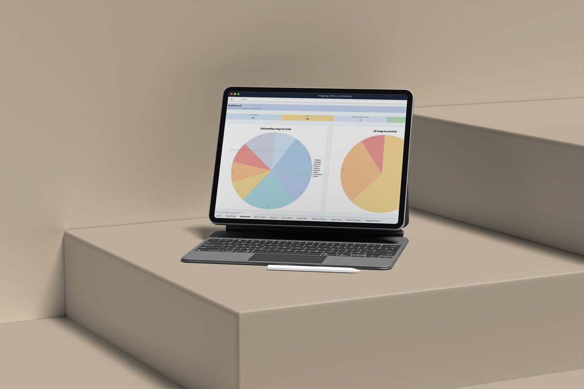 Snagging and Defects List Excel template on an iPad with keyboard