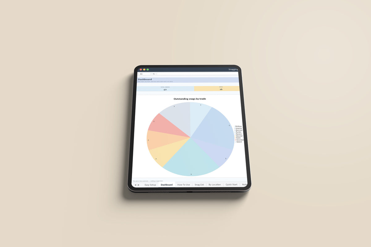 Snagging and Defects List Excel template on an iPad Pro